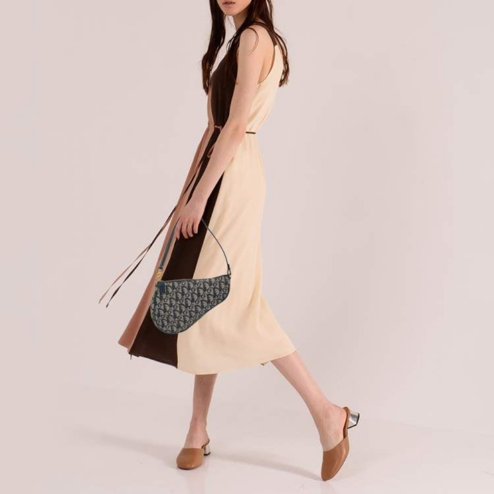 Christian Dior Vintage Oblique Canvas and Leather Saddle Pochette Bag Navy Blue/ - Picture 5 of 13